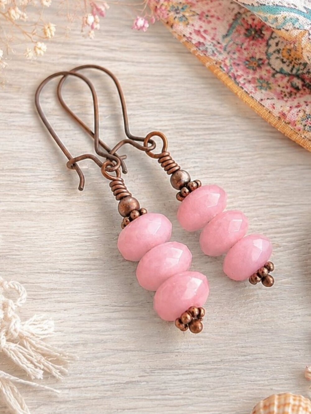 Rose Quartz Earrings Copper Dangles Pink Gemstone Boho Artisan Handmade